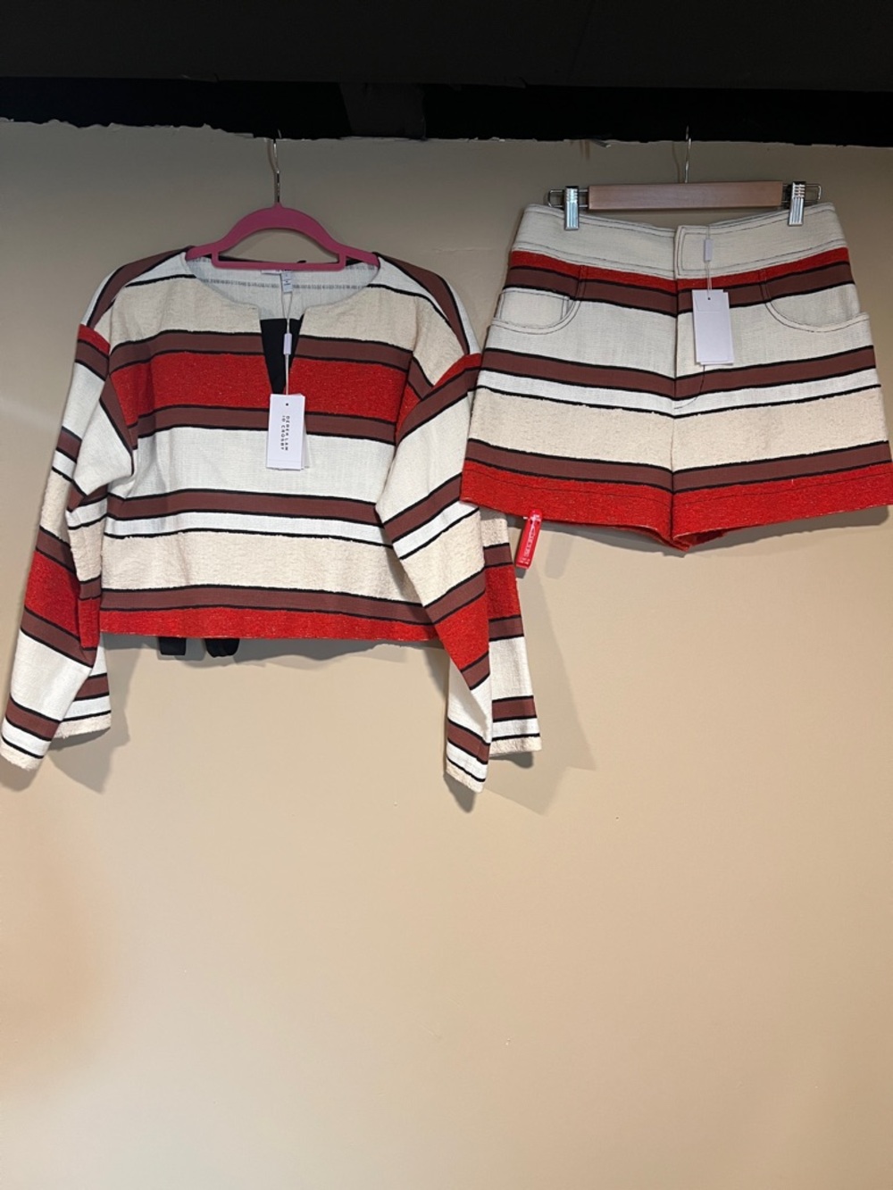 NWT Derek Lam 2-piece short set (brown, black, cream, and red striped)